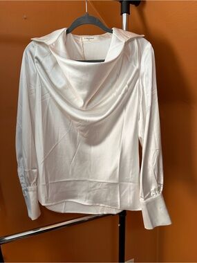 Commense White Satin Draped Collar Blouse